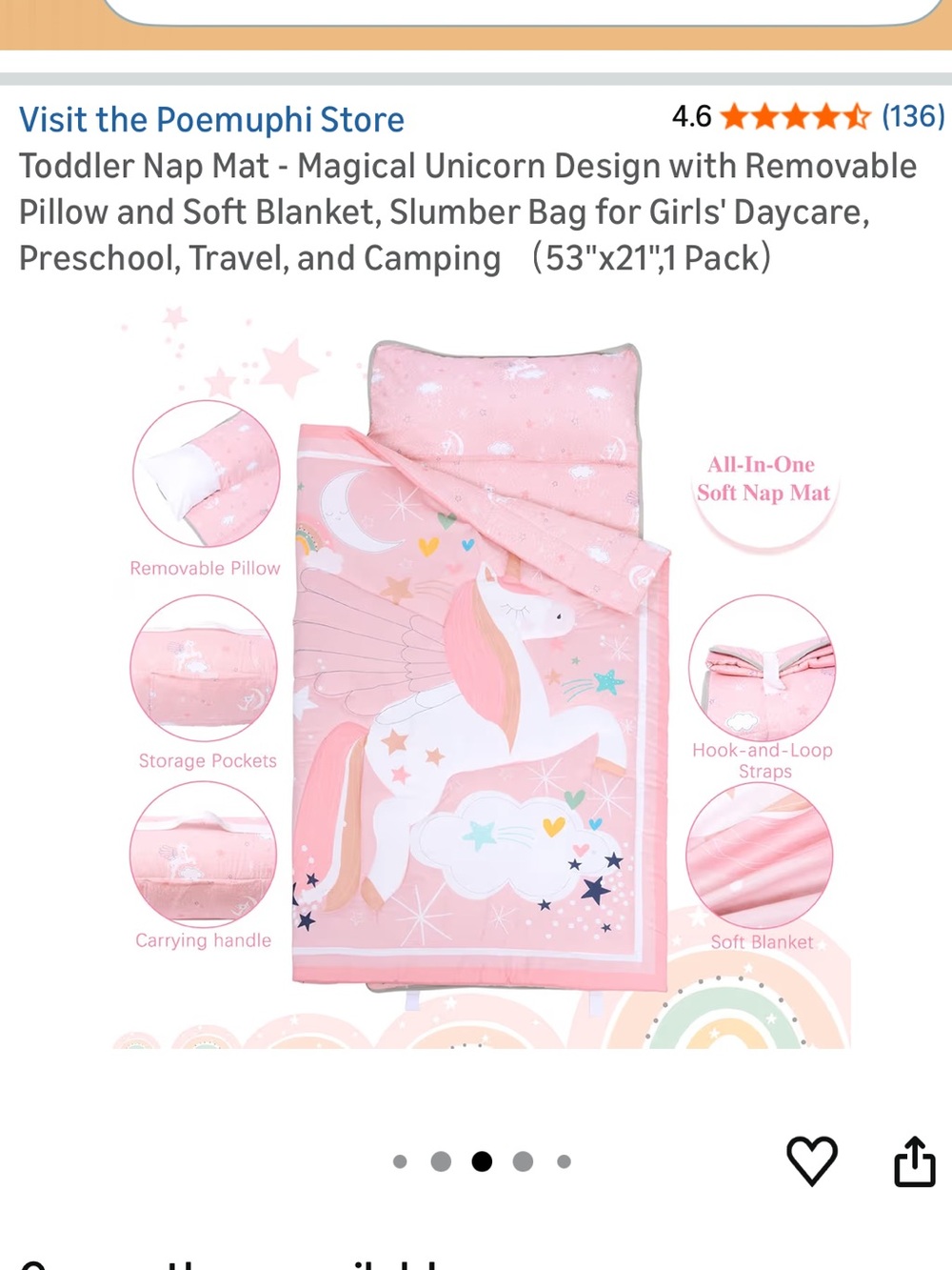 Kids Unicorn Nap Mat and Pillow - Pink Pegasus Design